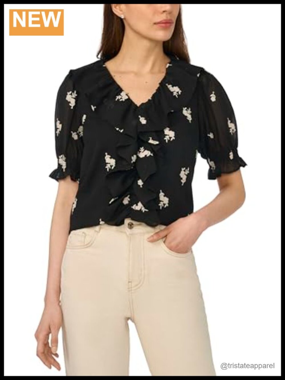 Embroidered Linen Ruffled Short Sleeve Blouse